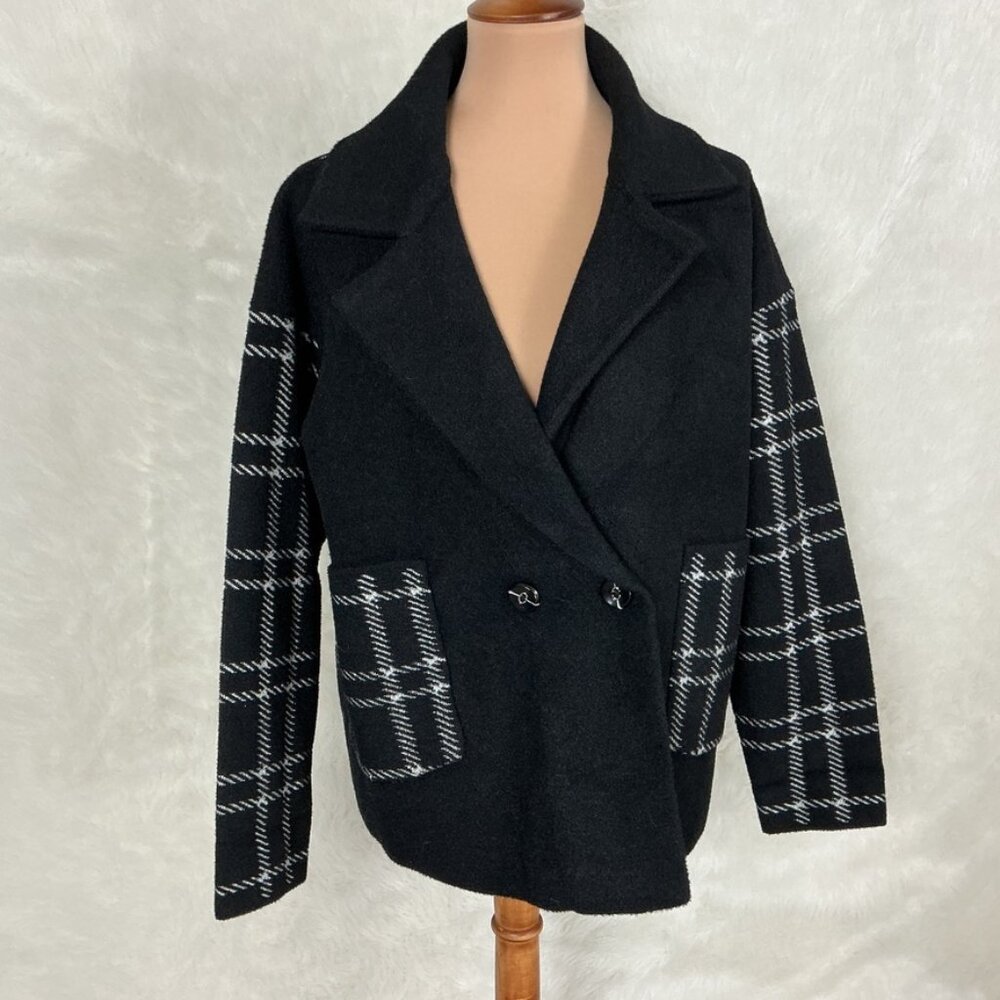 Kut From The Kloth Azalea Houndstooth Plaid Black White Sweater Coat NWOT M